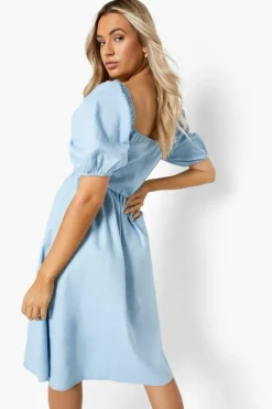 Midi Dresses*boohoo Shirred Split Hem Chambray Midi Dress light blue