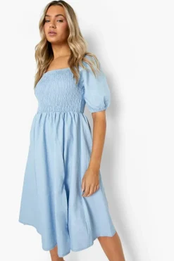 Midi Dresses*boohoo Shirred Split Hem Chambray Midi Dress light blue