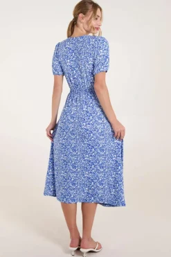 Midi Dresses*Blue Vanilla Short Sleeve Button Front Split Front Midi Dress Bright Blue