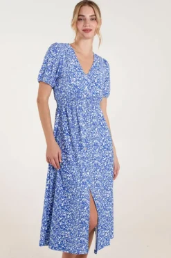 Midi Dresses*Blue Vanilla Short Sleeve Button Front Split Front Midi Dress Bright Blue