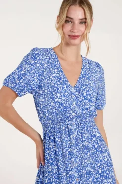 Midi Dresses*Blue Vanilla Short Sleeve Button Front Split Front Midi Dress Bright Blue