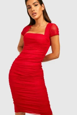Midi Dresses*boohoo Short Sleeve Ruched Mesh Bodycon Midi Dress red