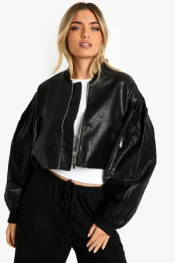 Up To 80% Off Winter Warmers|Bomber Jackets*boohoo Shoulder Detail Faux Leather Bomber Jacket black