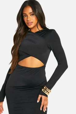 Bodycon Dresses*boohoo shoulder pad cross over cut out slinky maxi dress black