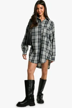 Shirt Dresses*boohoo Shoulder Pad Oversized Check Shirt Dress grey