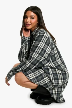 Shirt Dresses*boohoo Shoulder Pad Oversized Check Shirt Dress grey