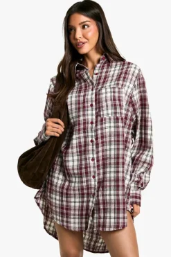 Shirt Dresses*boohoo Shoulder Pad Oversized Check Shirt Dress plum
