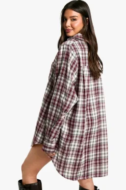 Shirt Dresses*boohoo Shoulder Pad Oversized Check Shirt Dress plum