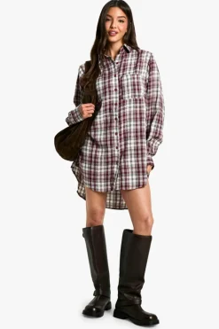 Shirt Dresses*boohoo Shoulder Pad Oversized Check Shirt Dress plum