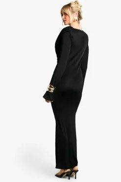 Maxi Dresses|Long Sleeve Dresses*boohoo Shoulder Pad Plunge Long Sleeve Maxi Dress black