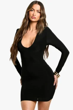 Bodycon Dresses*boohoo shoulder pad plunge slinky mini dress black