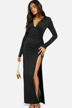 Maxi Dresses*boohoo Shoulder Pad Plunge Slinky Split Leg Maxi Dress black