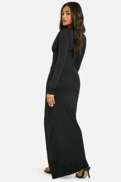 Maxi Dresses*boohoo Shoulder Pad Plunge Slinky Split Leg Maxi Dress black