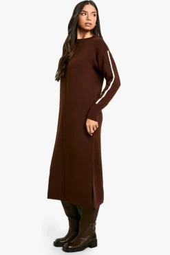 Jumper Dresses|Jumper Dresses*boohoo Side Stripe Knitted Dress chocolate