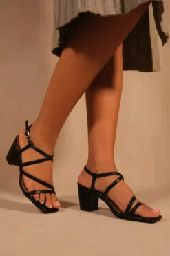 Sandals*Where's That From Sidra' Extra Wide Fit Mid High Block Heel Sandals With Cross Over Strap Black