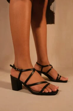 Sandals*Where's That From Sidra' Mid High Block Heel Sandals With Cross Over Strap Black