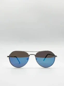 Sunglasses*SVNX Aviator Sunglasses With Blue Mirrored Lenses Silver