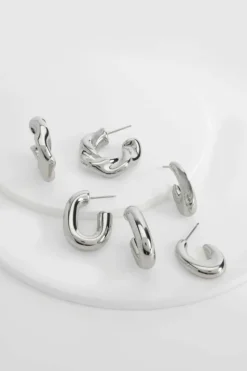 Statement Earrings|Earrings*boohoo Chunky Hoop Multipack Earrings silver