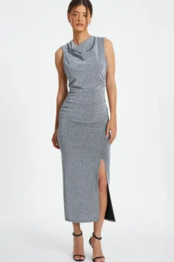 Midi Dresses*Quiz Cowl Neck Ruched Midi Dress Silver