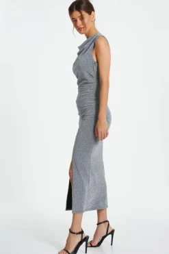 Midi Dresses*Quiz Cowl Neck Ruched Midi Dress Silver