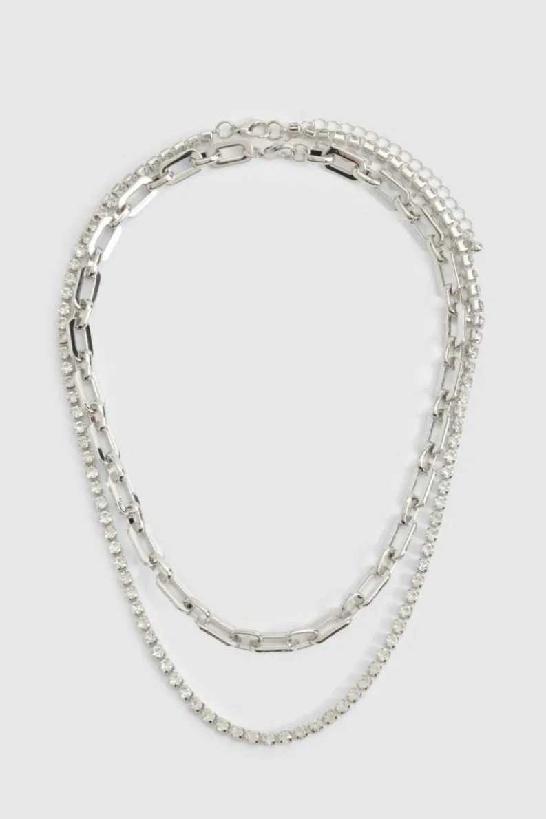 Necklaces*boohoo Diamante Double Layered Necklace silver