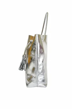 Shoulder Bags*Sostter Silver Drawcord Metallic Leather Hobo Shoulder Bag Metallic Silver