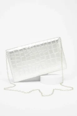 Handbags|Clutch Bags*Quiz Faux Leather Croc Clutch Silver