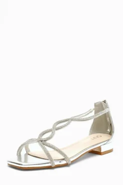 Sandals*Quiz Foil Diamante T-Strap Flat Sandals Silver