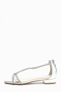 Sandals*Quiz Foil Diamante T-Strap Flat Sandals Silver