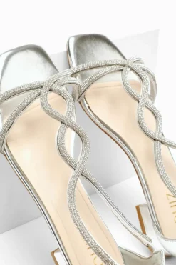 Sandals*Quiz Foil Diamante T-Strap Flat Sandals Silver