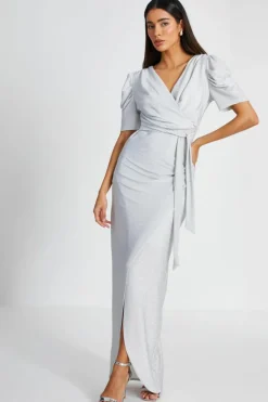 Wrap Dresses*Quiz Glitter Wrap Maxi Dress Silver