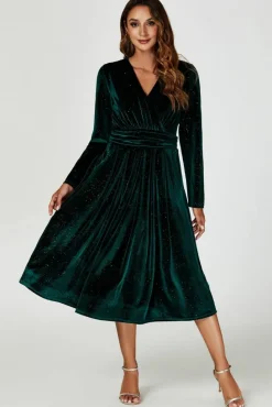 Wrap Dresses|Midi Dresses*FS Collection Silver Sparkly Velvet Wrap Top Midi Dress In Green