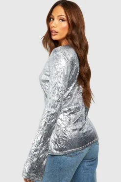 Long Sleeve Tops*boohoo Tall Crushed Metallic Flared Longsleeve Top silver