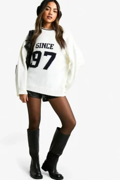 Jumpers|Knitwear*boohoo Since 97 Knitted Varsity Crew Neck Jumper ecru