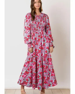 Smock Dresses*Azura Exchange Sky Floral Print Smocked Lantern Sleeve Tiered Maxi Dress Blue