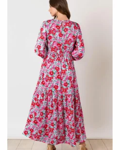 Smock Dresses*Azura Exchange Sky Floral Print Smocked Lantern Sleeve Tiered Maxi Dress Blue