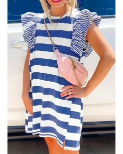 T-Shirt Dresses|Shirt Dresses*Azura Exchange Sky Blue Stripe Contrast Ruffled Sleeve T-shirt Dress Multi