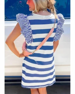 T-Shirt Dresses|Shirt Dresses*Azura Exchange Sky Blue Stripe Contrast Ruffled Sleeve T-shirt Dress Multi