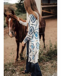 Cardigans*Azura Exchange Sky Western Aztec Printed Open Front Long Cardigan Blue