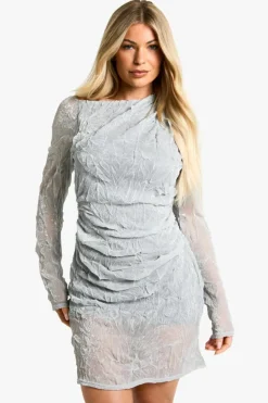 Bodycon Dresses*boohoo Slash Neck Crinkle Glitter Mesh Mini Dress silver