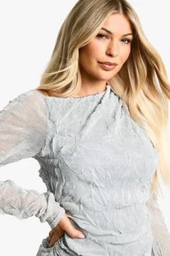 Bodycon Dresses*boohoo Slash Neck Crinkle Glitter Mesh Mini Dress silver