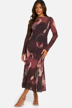 Skater Dresses|Long Sleeve Dresses*boohoo Slash Neck Floral Mesh Print Godet Hem Midaxi Dress plum
