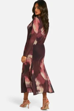 Skater Dresses|Long Sleeve Dresses*boohoo Slash Neck Floral Mesh Print Godet Hem Midaxi Dress plum