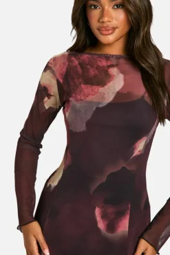 Skater Dresses|Long Sleeve Dresses*boohoo Slash Neck Floral Mesh Print Godet Hem Midaxi Dress plum