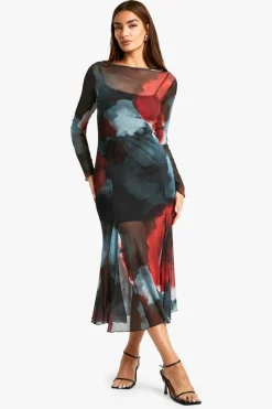 Skater Dresses|Long Sleeve Dresses*boohoo Slash Neck Floral Mesh Print Godet Hem Midaxi Dress grey