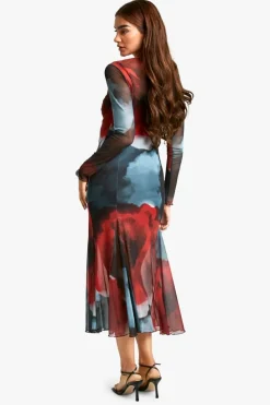 Skater Dresses|Long Sleeve Dresses*boohoo Slash Neck Floral Mesh Print Godet Hem Midaxi Dress grey