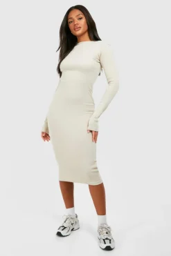 Midi Dresses*boohoo Slash Neck Long Sleeve Rib Midi Dress stone