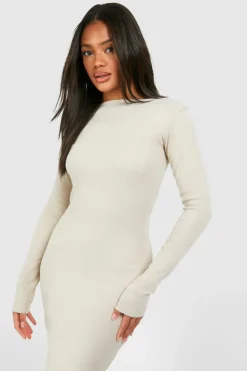 Midi Dresses*boohoo Slash Neck Long Sleeve Rib Midi Dress stone