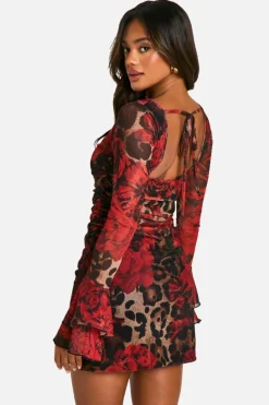 Skater Dresses|Mini Dresses*boohoo Slash Neck Mixed Print Flare Sleeve Mini Dress leopard