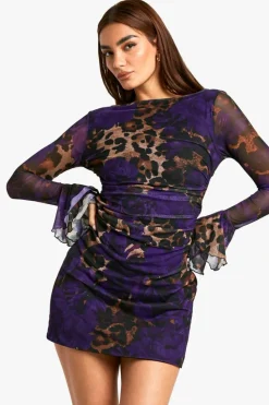 Skater Dresses|Mini Dresses*boohoo Slash Neck Mixed Leopard Print Flare Sleeve Mini Dress brown